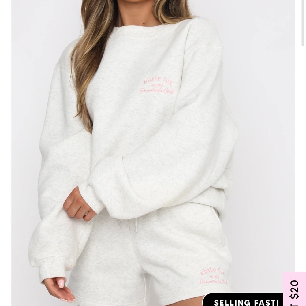 White Fox Boutique Cream Oversized Crewneck Sweatshirt with Pink Logo